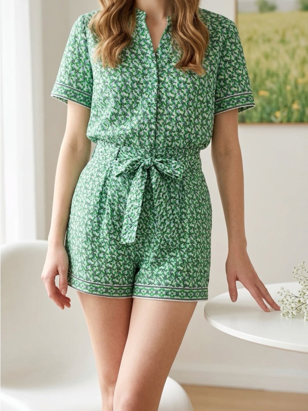Max Studio Womens Medium Green Floral Paperbag Tie Shorts $88